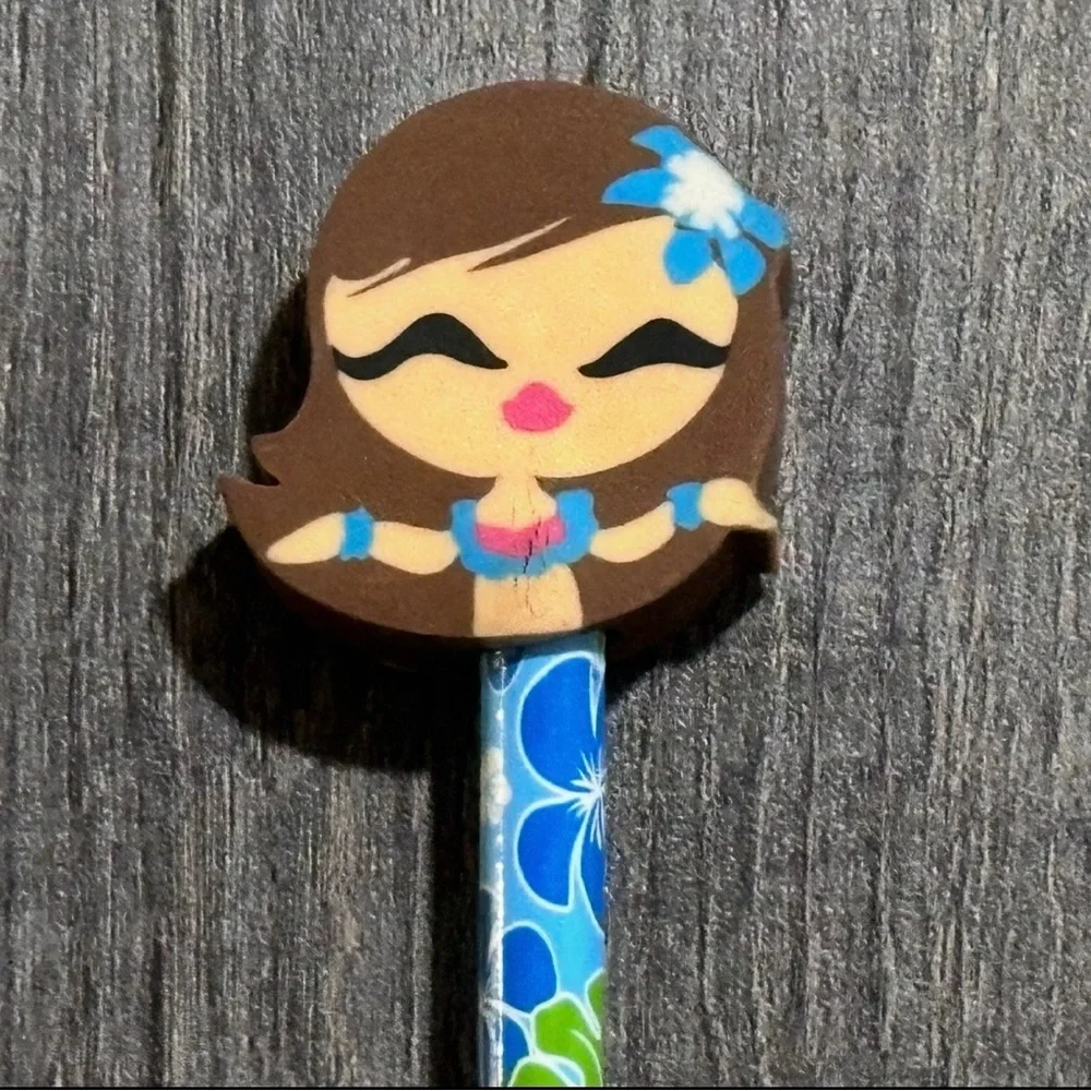 💞 New Blue Floral Pencil With Hawai’ian Hula Dancer Eraser